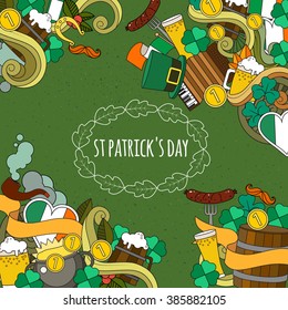 Patrick Cartoon vector hand-drawn Doodle on the subject of beer fest  symbols, food and drink pattern. Color background doodle poster