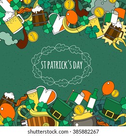 Patrick Cartoon vector hand-drawn Doodle on the subject of beer fest  symbols, food and drink pattern. Color background doodle poster