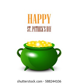 Patrick Day background with cauldron of gold coins. Vector illustration