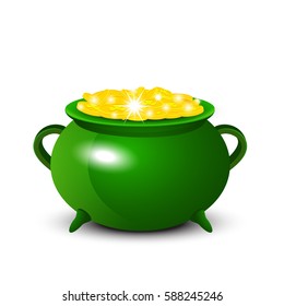 Patrick Day background with cauldron of gold coins. Vector illustration