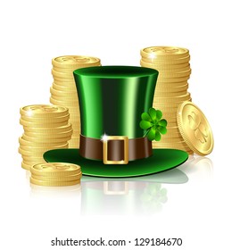 Patrick day background with gold coins and leprechaun hat