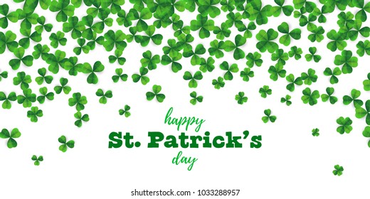 Patrick day background with vector four-leaf clover pattern background. St Patrick day card with lucky fower-leafed green background. Irish beer festival. Vector green grass clover pattern background