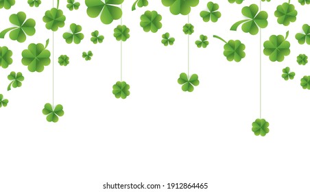 Patrick day background with vector four-leaf clover pattern. Lucky fower-leafed green background for Irish beer festival St Patrick's day. Vector green grass clover pattern background