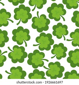 Patrick day background with vector four-leaf clover pattern background. Lucky green background for Irish beer festival St Patrick's day. Vector green grass clover seamless pattern background