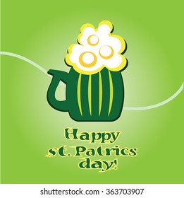 Patrick Day  - beer cup with foam and vintage lettering greeting text on shiny green background. Happy Patric's Day party!