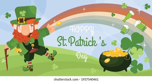 Patrick day card composition with flat background character of leprechaun with coins in pot and text vector illustration
