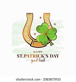 Patrick day card with lucky horseshoe on white background