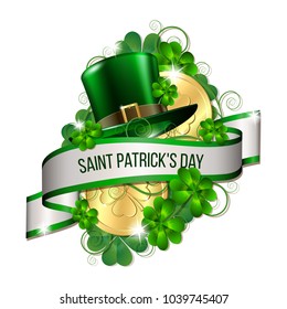 Patrick day card with ribbon, gold coins, leprechaun hat and clover leaves. St. Patricks Day symbols. Vector illustration