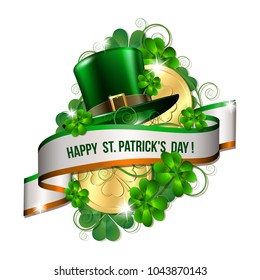 Patrick day card with ribbon, gold coins, leprechaun hat and clover leaves. St. Patricks Day symbols. Vector illustration