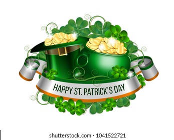 Patrick day card with ribbon, leprechaun hat, pot full of coins and clover leaves. St. Patricks Day symbols. Vector illustration