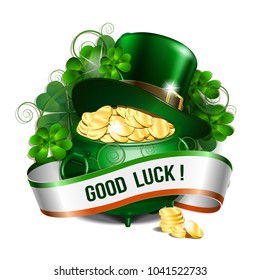 Patrick day card with ribbon, leprechaun hat, pot full of coins and clover leaves. St. Patricks Day symbols. Vector illustration
