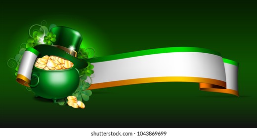 Patrick day card with ribbon, leprechaun hat, pot full of coins and clover leaves. St. Patricks Day symbols. Vector illustration