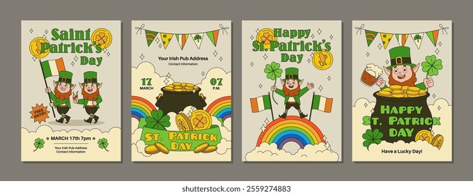 Patrick day cards. Irish beer festival elements, leprechaun dwarves, groovy cartoon characters, rainbow, golds pot, clover, party invitation design. Cartoon flat isolated tidy vector set