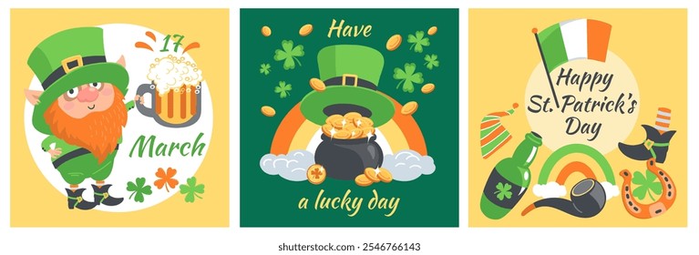 Cartões Patrick Day. Feriado tradicional irlandês. Leprechaun bebe cerveja. Anão de desenhos animados. Pote de moedas de ouro. Trevo de quatro folhas. Prosperidade ferradura. Evento festivo da primavera