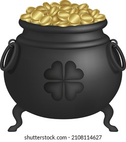 patrick day cauldron. isolated pot with gold coins.