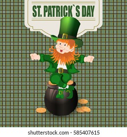 Patrick Day. Cheerful leprechaun green hat to the pot of gold coins. Vector illustration