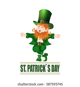 Patrick Day. Cheerful leprechaun green hat. Vector illustration
