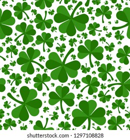 Patrick day clover leaves green seamless pattern. Isolated on white background vector illustration