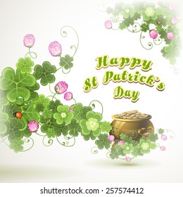 Patrick Day with clover, and pot of coins