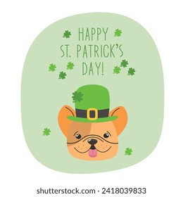 Patrick Day concept with french bulldog in leprechaun hat with shamrock vector isolated illustration. 