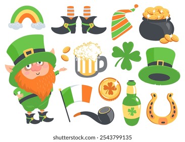 Patrick Day elements. Irish traditional holiday. Funny leprechaun. Cartoon dwarf. Green cylinder. Beer mug. Four leaf clover. Gold coins pot. Prosperity horseshoe