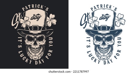 Patrick day flyer vintage monochrome with skull in hat with yarrow symbolizing holiday in honor of Irish saint vector illustration