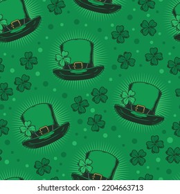 Patrick Day Green Seamless Pattern Vintage Classic Irish Hat With Yarrow Petals For Masquerade Ball In Honor Party Vector Illustration