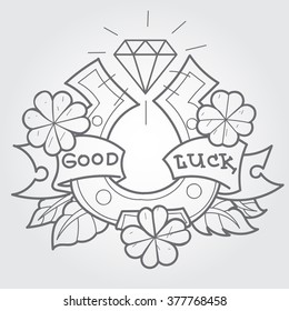 Patrick day, horseshoe, diamond and clover. Black and white sketch of a tattoo.