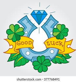 Patrick day, horseshoe, diamond and clover. Color sketch of a classic tattoo.