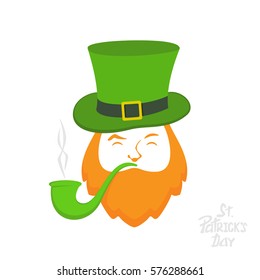 Patrick day icon on white background, leprechaun with green hat and smoking pipe, lettering St. Patrick's Day, illustration.