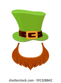 Patrick day icons on white background, green leprechauns hat and red beard, illustration.