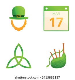 Patrick day icons set cartoon vector. Various attribute of saint patrick day. Irish holiday symbol