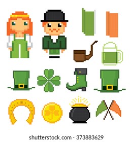 Patrick day icons set. Pixel art. Old school computer graphic style.