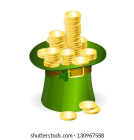 Patrick day illustration with gold coins and leprechaun hat