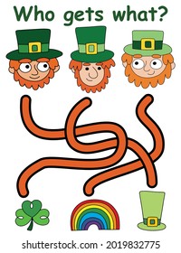Patrick Day Irish Labze Spiel für Kinder Vektorgrafik. Wer bekommt was? - visuelles Rätsel für Vorschul- und Grundschulkinder mit drei Winkelrichtungen und LKobolden