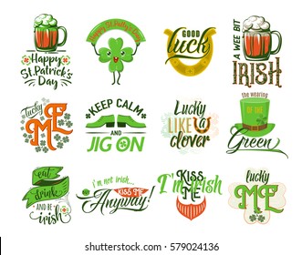 Patrick day logo set. Hipster emblem, quote text design with green hat, happy emoji clover, mug of beer, orange beard, shoe, lips. Use for banners, greeting cards, gifts, poster. Vector illustration