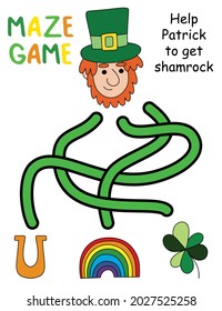 Patrick day maze game activity page for kids vector illustration. Help Patrick to get shamrock. Cartoon activity page with Patrick, three tangled ways, horseshoe, rainbow and shamrock