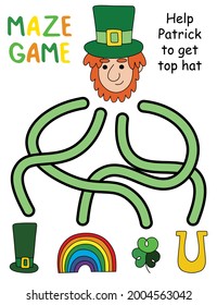 Patrick day maze game for kids vector illustration. Funny visual puzzle for preschool and elementary school kids printable page