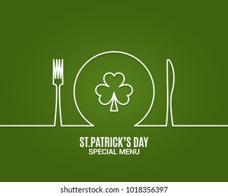 Patrick day menu. Fork and knife with plate line. Rerstaurant menu on green background