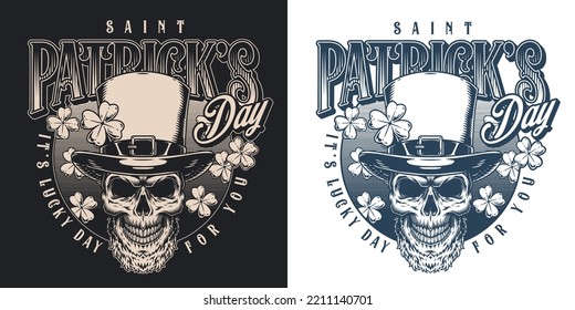 Patrick Day Monochrome Flyer Vintage With Skull In Classic Irish Hat With Yarrow Petals And Wish Lucky Vector Illustration