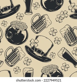 Patrick day monochrome seamless pattern vintage mug with beer and hat with yarrow petal for Irish holidays party vector illustration
