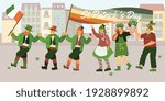 Patrick day parade composition with human characters of irish people walking down street with flags costumes vector illustration