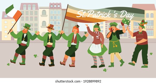 Patrick day parade composition with human characters of irish people walking down street with flags costumes vector illustration