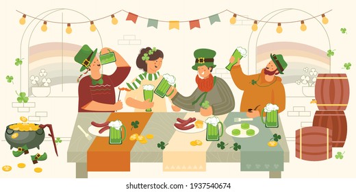 Patrick day party beer indoor composition with human characters of friends at restaurant table drinking beer vector illustration