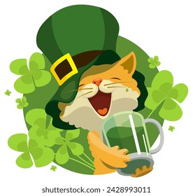 Patrick día fiesta rojo lindo gato bebiendo cerveza verde en el fondo de las hojas de trébol de la suerte. Ilustración de dibujos animados aislados en blanco