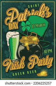 Patrick Day Poster Colorful Vintage Invitation To Irish Party With Mug Green Beer And Hat With Yarrow Petals Vector Illustration