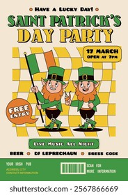 Patrick day poster. Funny leprechauns at beer parade, march 17th, dwarves with Irish flag, groovy cartoon characters, invitation card for party, banner typography design, tidy vector concept