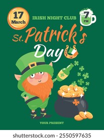 Patrick Day poster. Irish traditional holiday. Leprechaun with coins pot. Dwarf in green suit. Spring event. Invitation to party in beer bar. Four leaf clover. Splendid