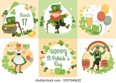 Patrick day set of six flat compositions with clover blossoms irish nation symbols and editable text vector illustration