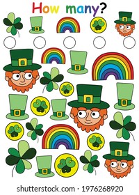 Patrick day I spy game for kids vertical colorful printable page stock vector illustration. How many? - find and count all objects types into page. Educational visual math puzzle for children